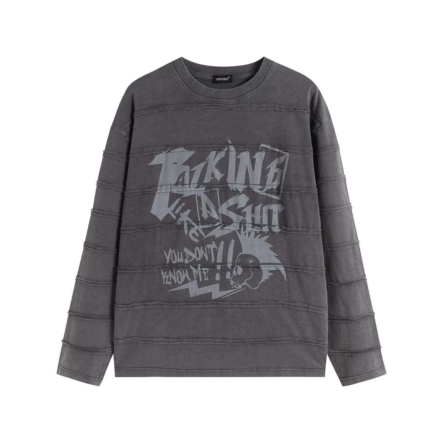 VENTUREK Vintage Deconstructed Punk Rock Washed Gray Patchwork Distressed Printed Long Sleeve T-Shirt