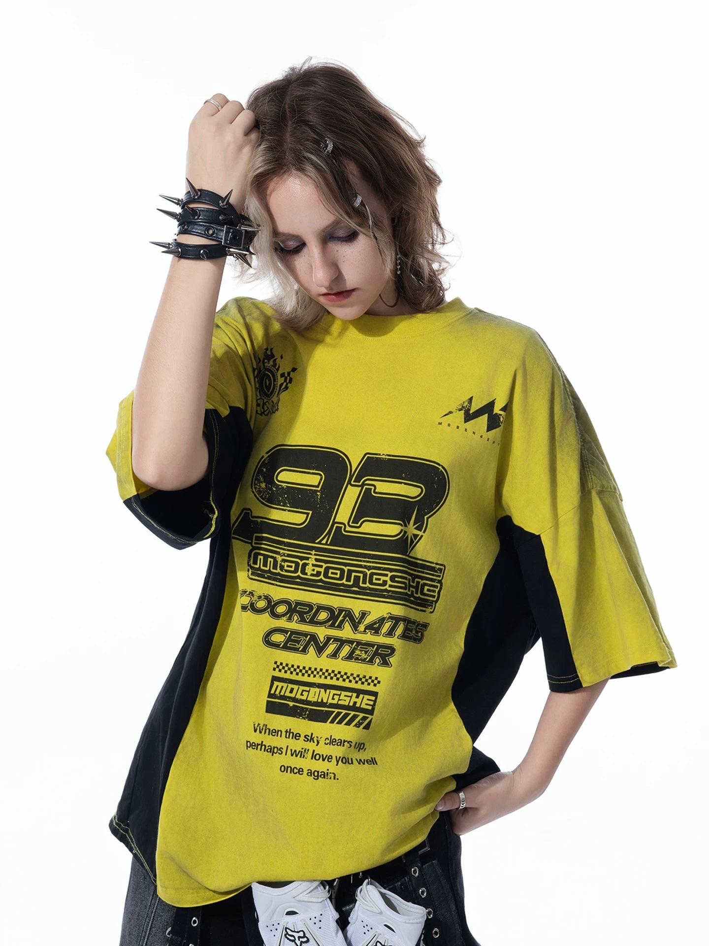 Washed Moto Patchwork Short Sleeve T-Shirt — Racing Colorblock Streetwear - Grey S
