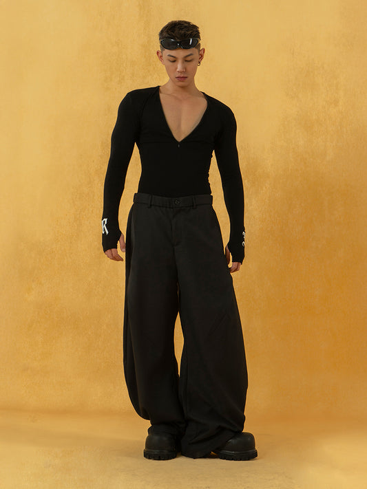 Curved Wide-Leg Tailored Pants