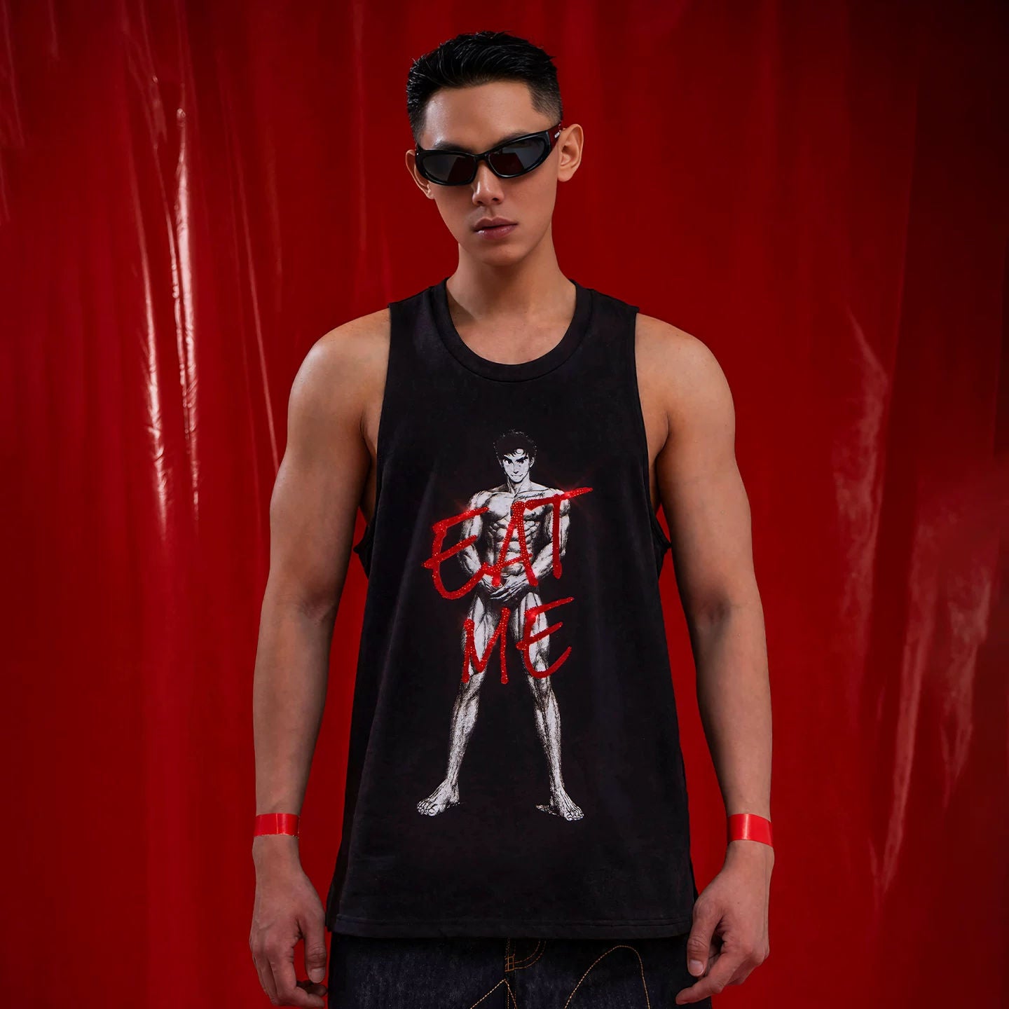 CLP Black Retro Comic EATME Rhinestone Print Loose Tank Top Men's Fitness Gym Muscle Vest American Streetwear