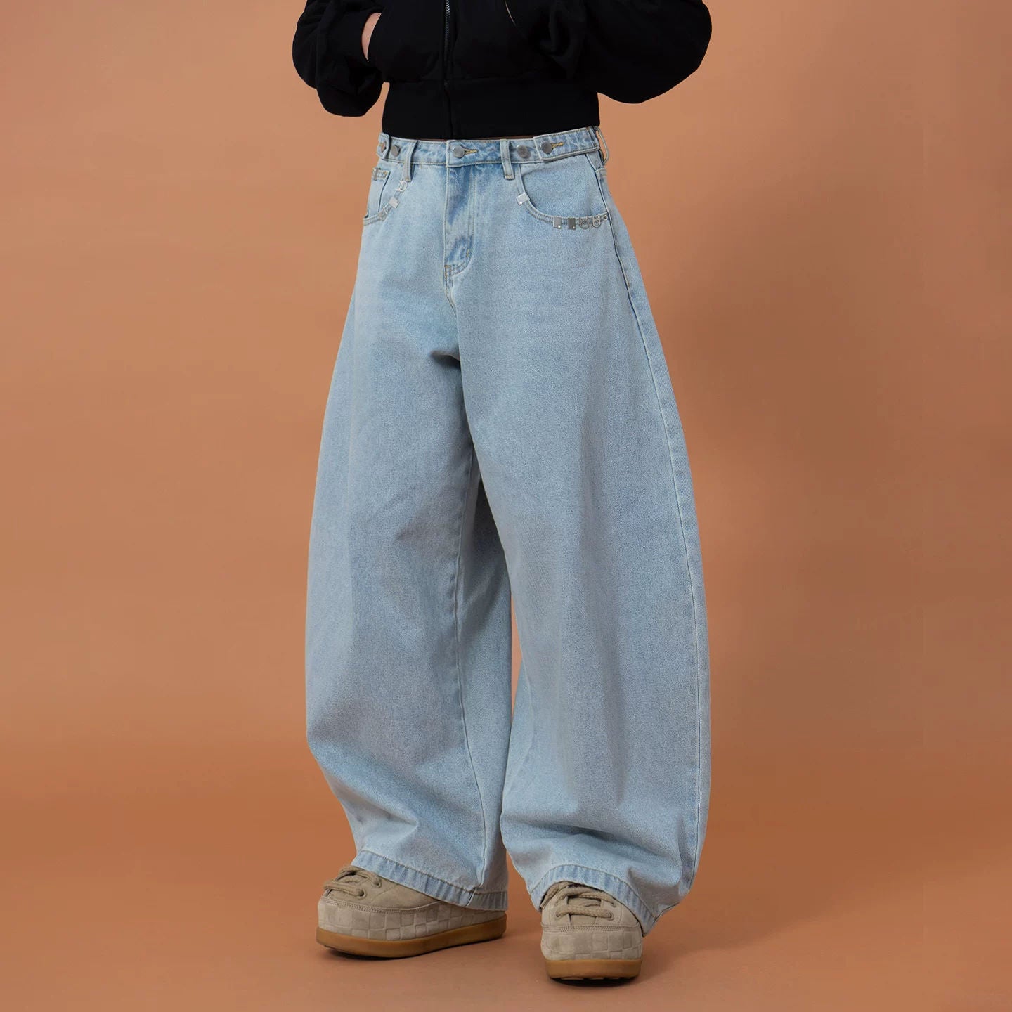 CLP Light Blue Metal Decoration Pocket Curved Knife Jeans Men's Loose Wide Leg Casual Retro