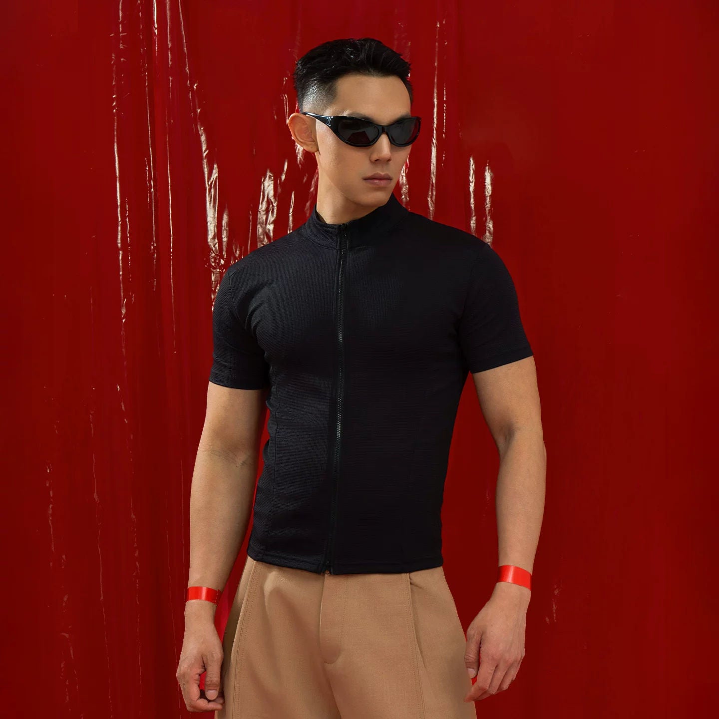 Black High Neck Zip Short Sleeve T-Shirt Men's Slim Fit Stretchy Casual Summer Top