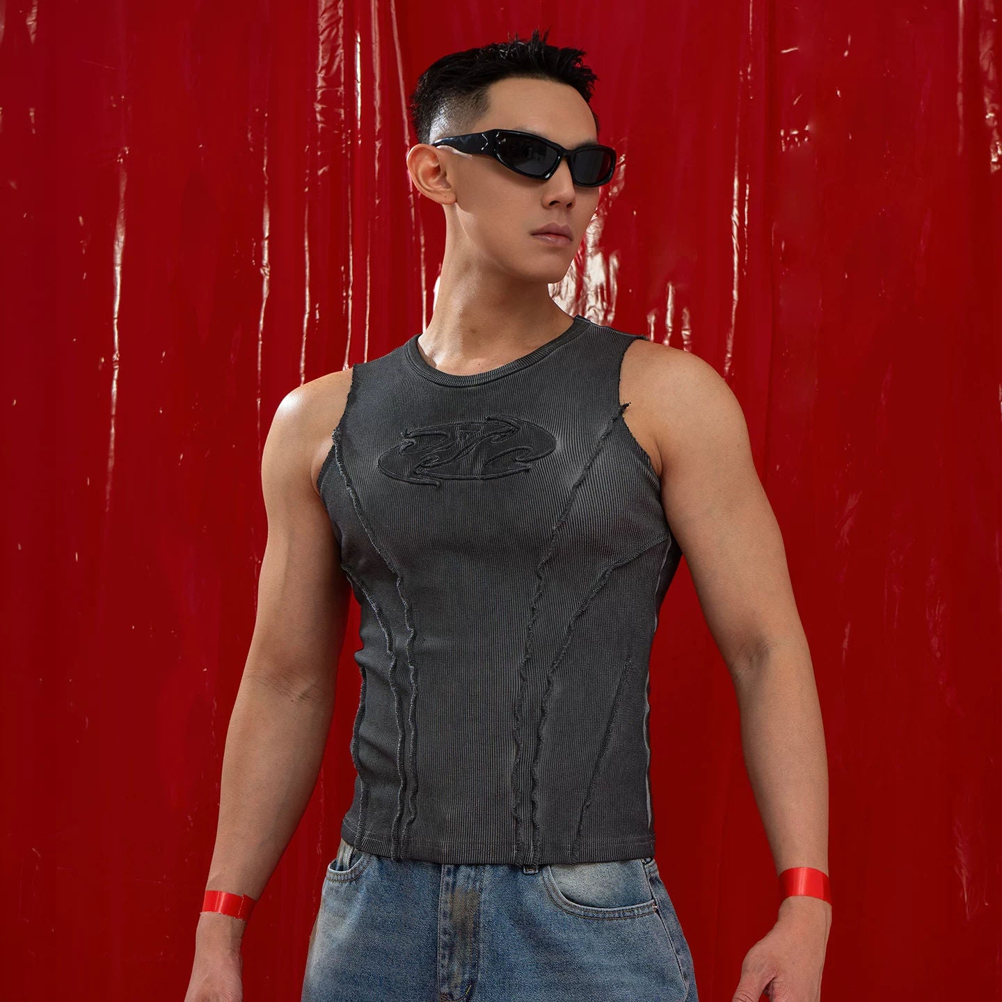 CLP Dark Gray Frayed Cutout Knit Vest Men's Slim Fit Muscle Retro Streetwear