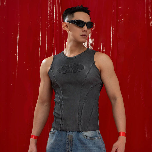 CLP Dark Gray Frayed Cutout Knit Vest Men's Slim Fit Muscle Retro Streetwear