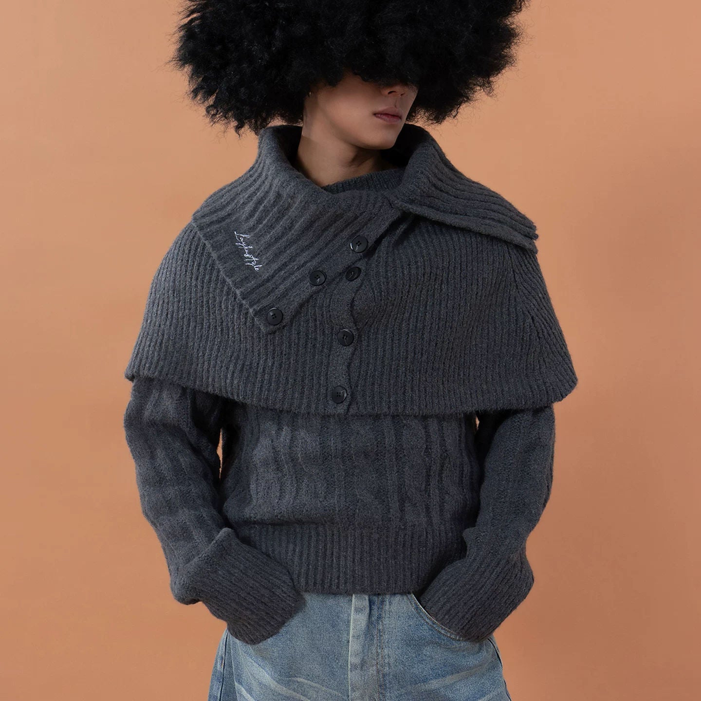 Gray Layered Knit Cardigan Scarf Sweater Unisex Detachable One-Shoulder Loose Casual Wide Collar