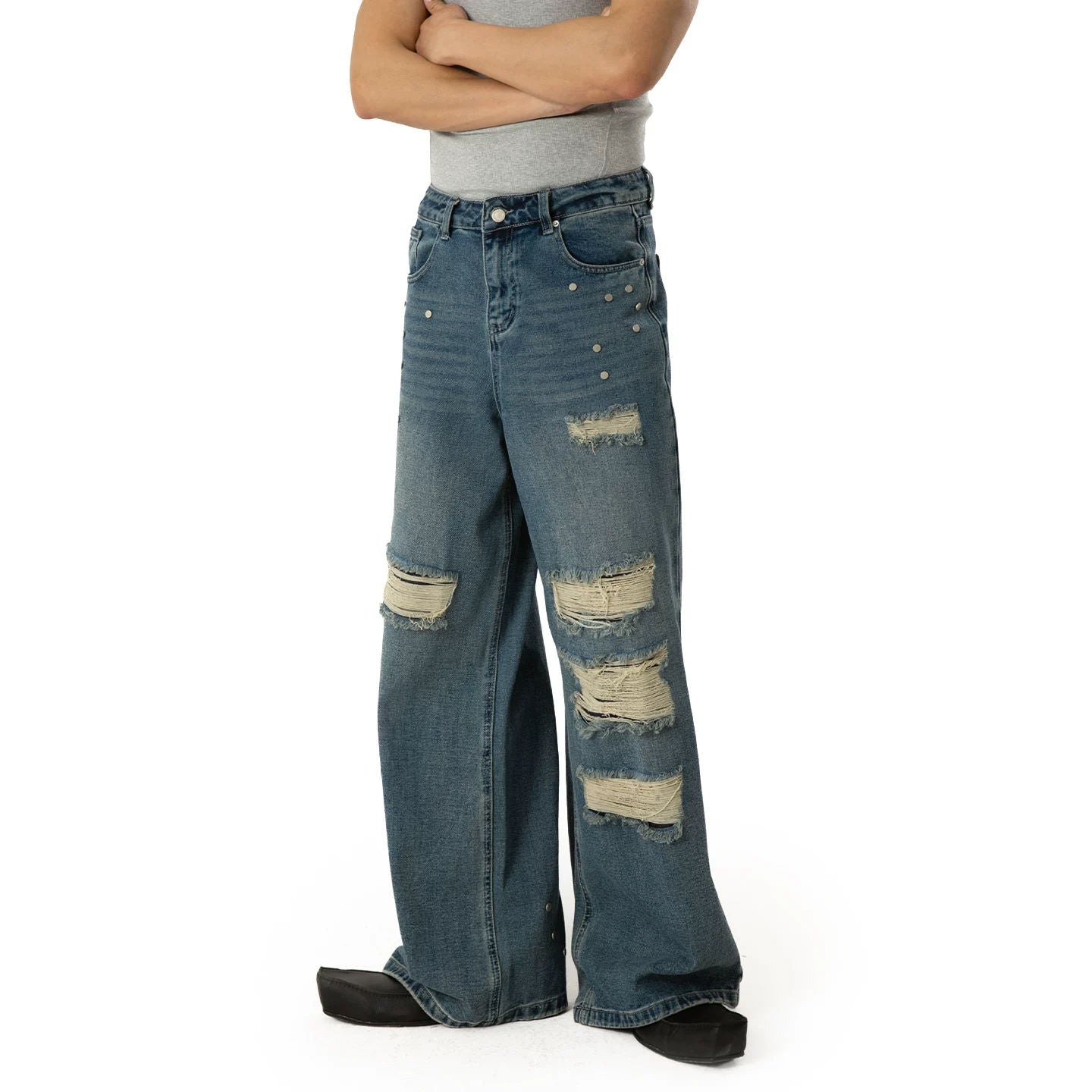 Blue Ripped Rivet Double Layer Jeans Men's Loose Straight Wide Leg Retro Washed Y2K