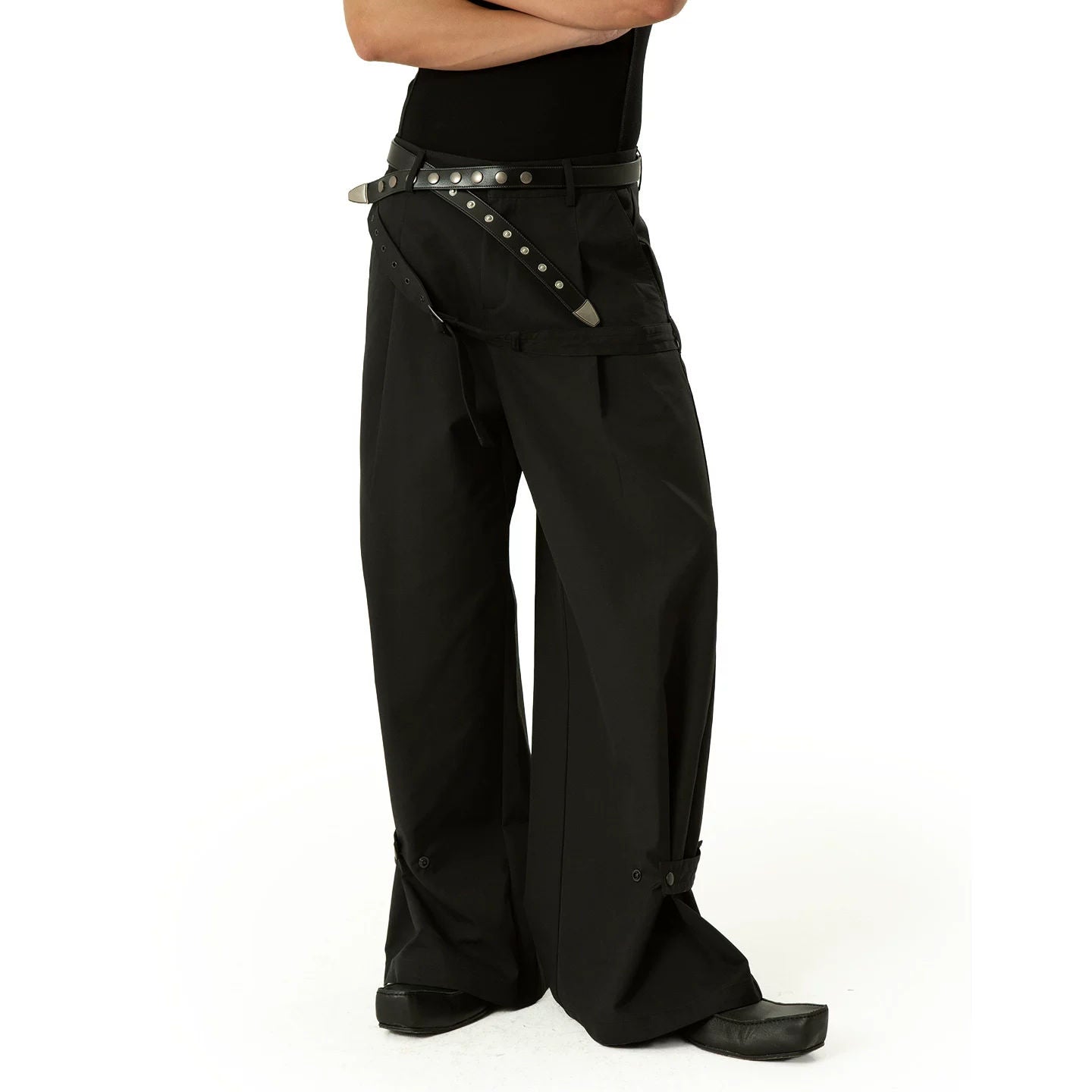 CLP Black Belted Tapered Cargo Pants Men's Loose Dropped Crotch Retro Flared Streetwear