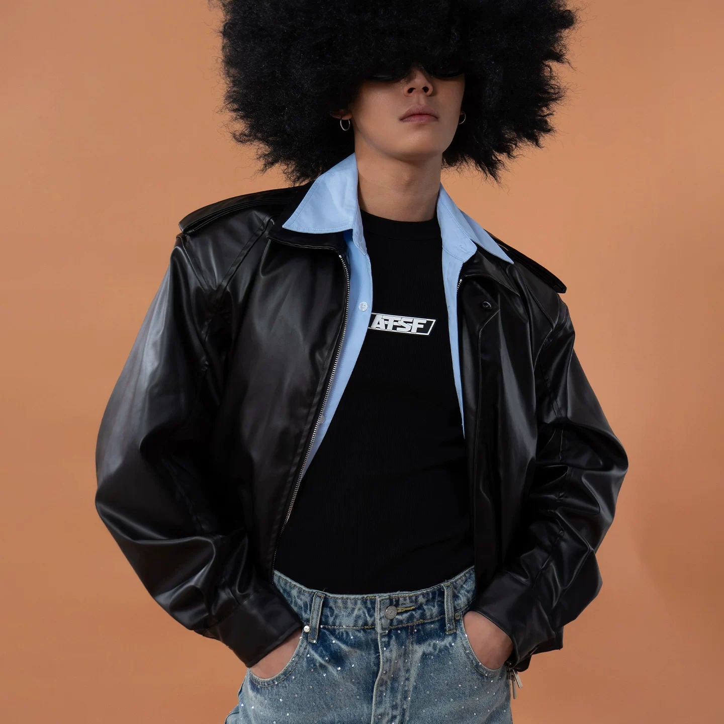 CLP Black Faux Leather Motorcycle Jacket Two-Layer Shirt Collar Short Retro Casual