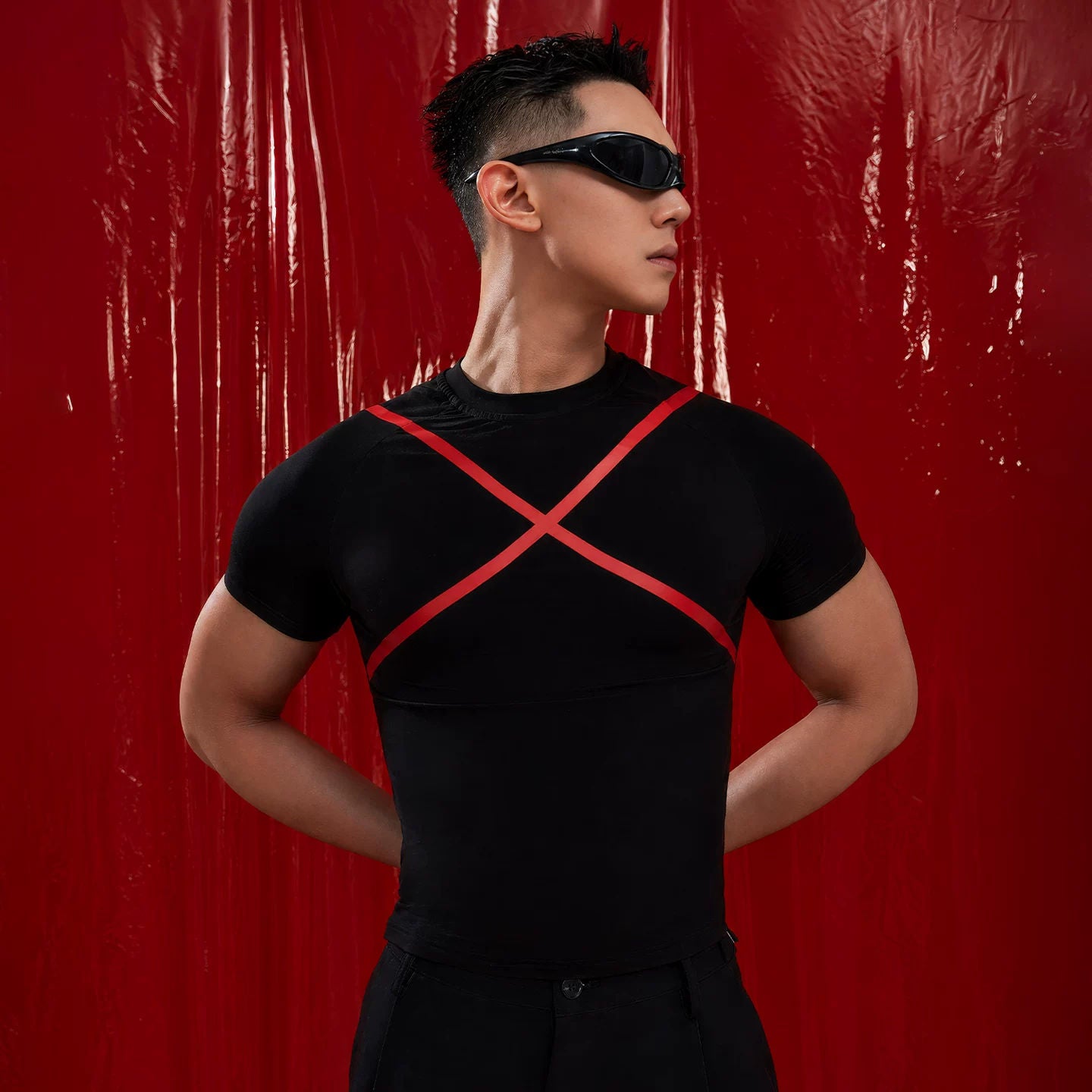 CLP Black Red X Cross Print Slim Short T-Shirt Men's Fitted Muscle Casual Stretch Top