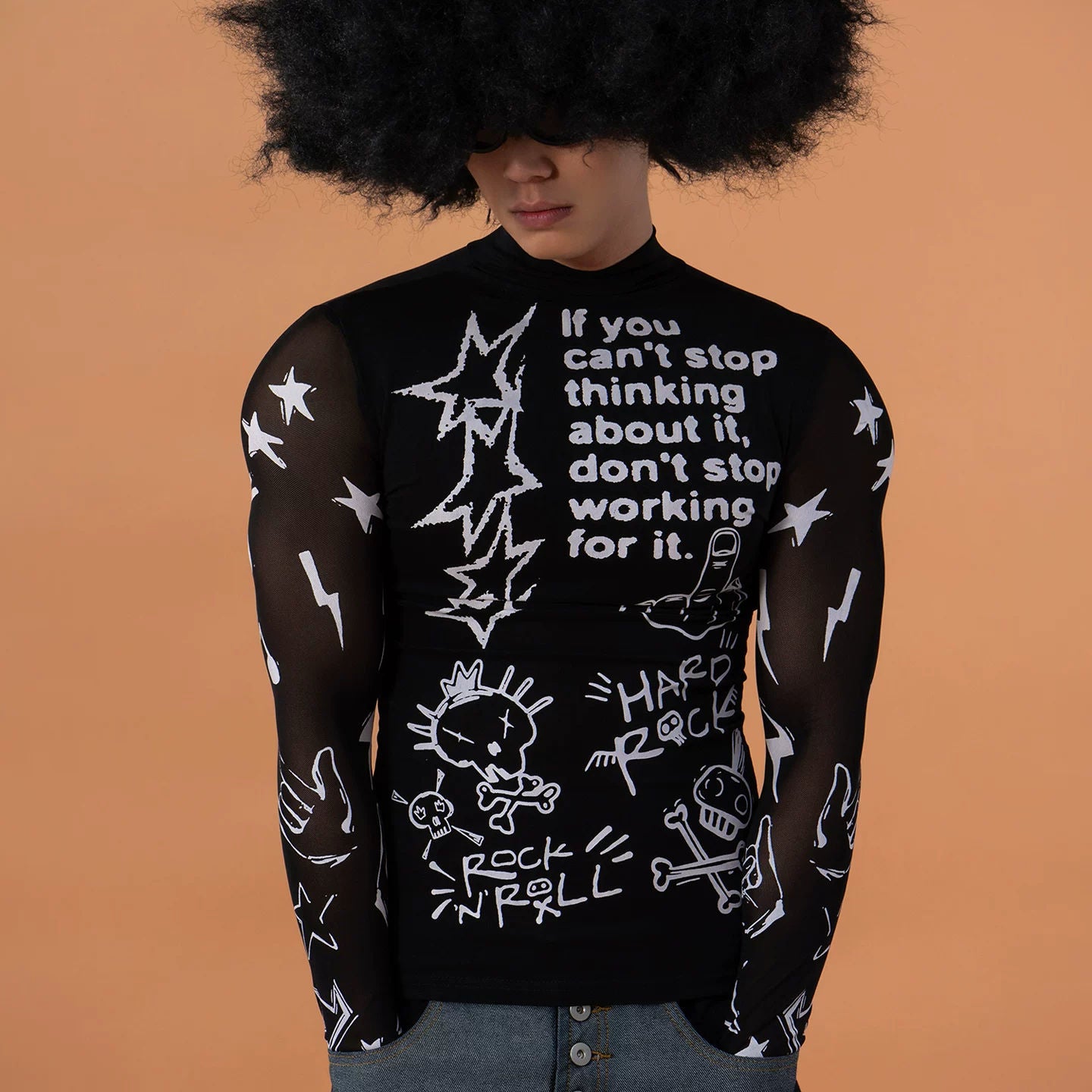 CLP Black Graffiti Print Cutout Mesh Long Sleeve T-Shirt Slim Fit Streetwear