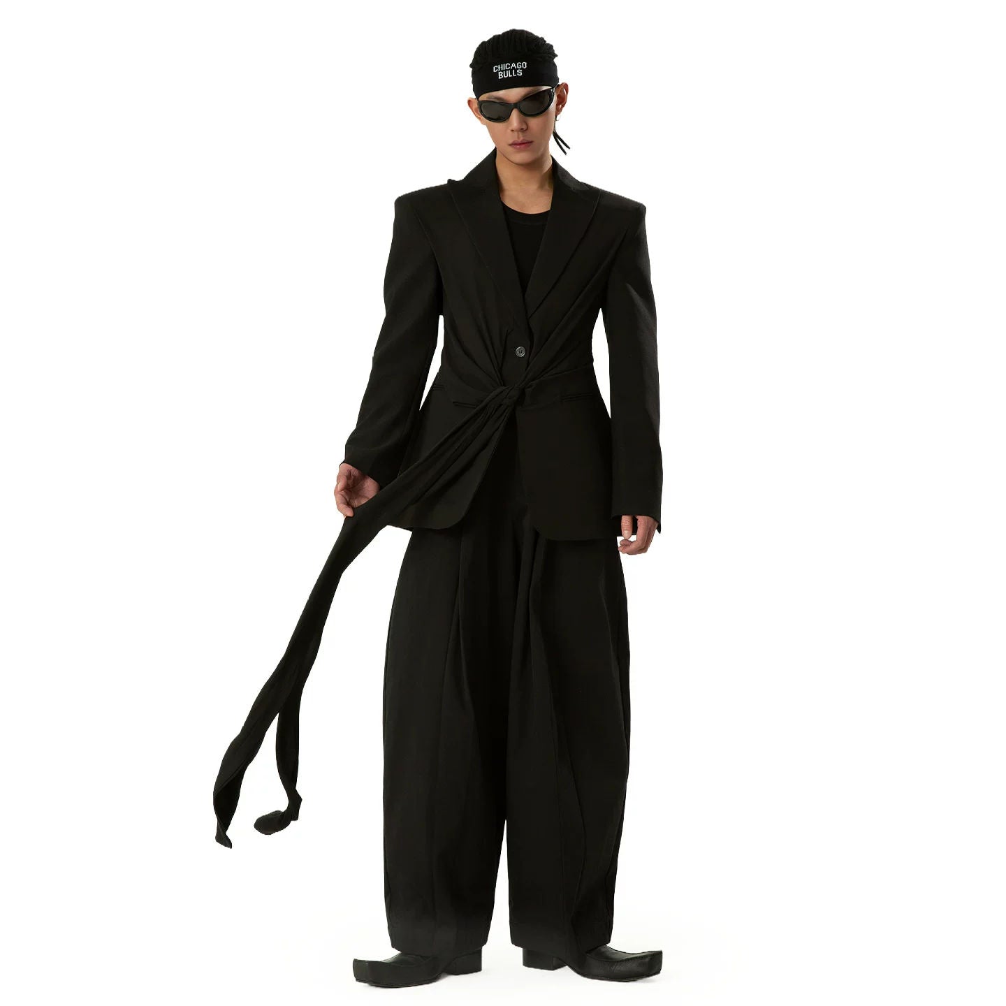 Black Ribbon Pleated Waist Blazer Men's Women's Long Sleeve Retro Deconstructed Wool Chic
