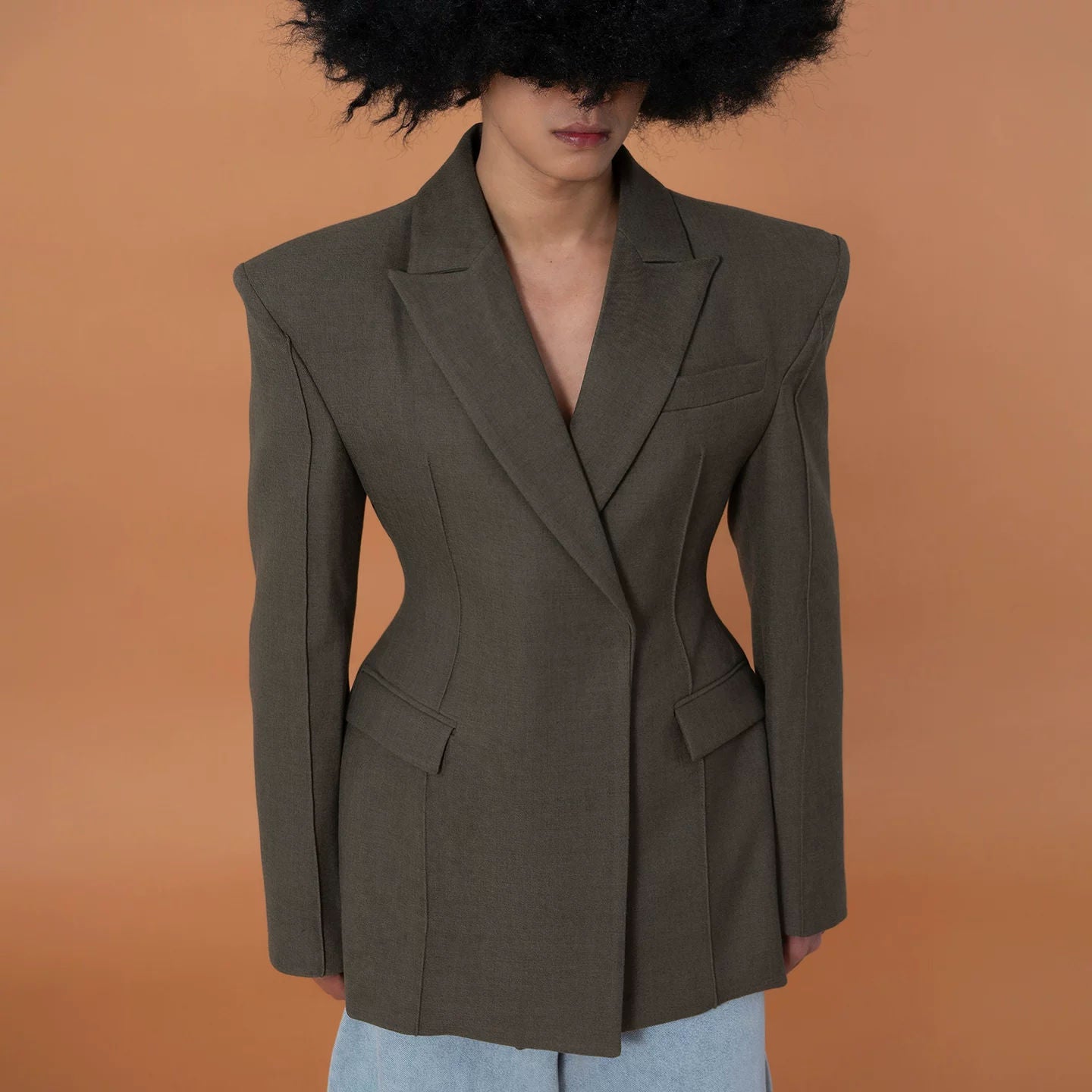 Gray Green Padded Shoulder Hourglass Waist Blazer Men's Loose Fit Retro Streetwear
