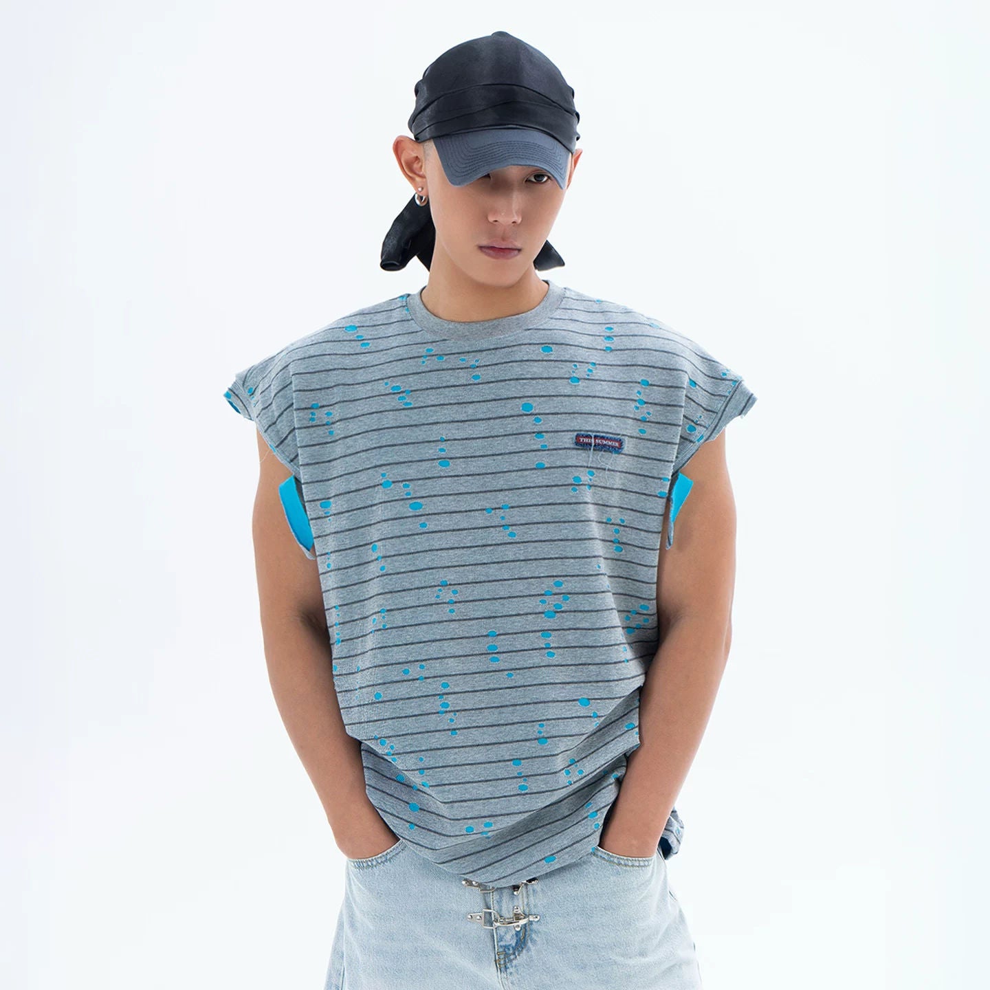 Gray Wide Shoulder Striped Ripped Tank Top Men's Loose Splash Ink Sleeveless Sport Casual Retro