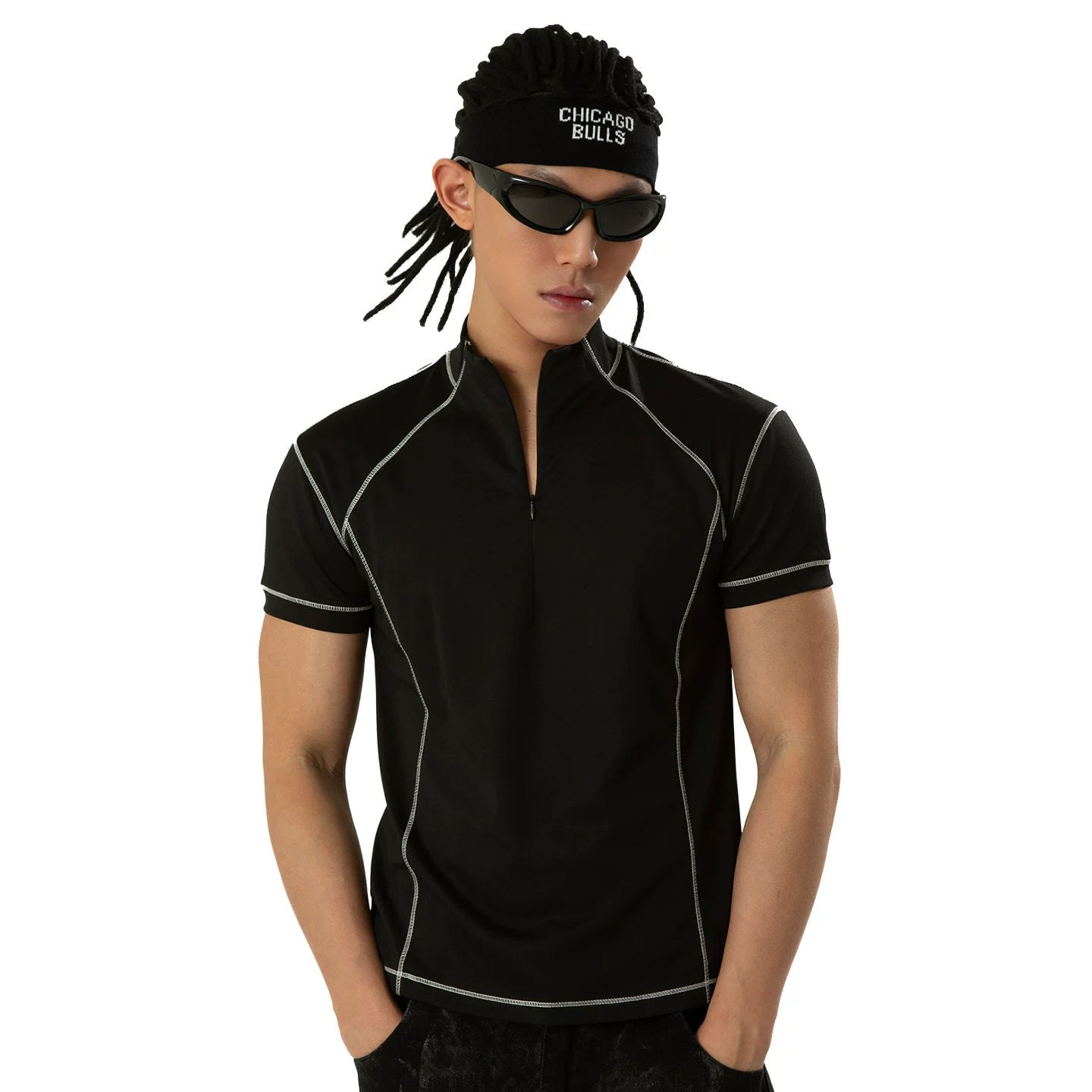CLP Black Structural Line Half Open Collar Short Sleeve T-Shirt Men's Slim Fit Sport Casual Y2K