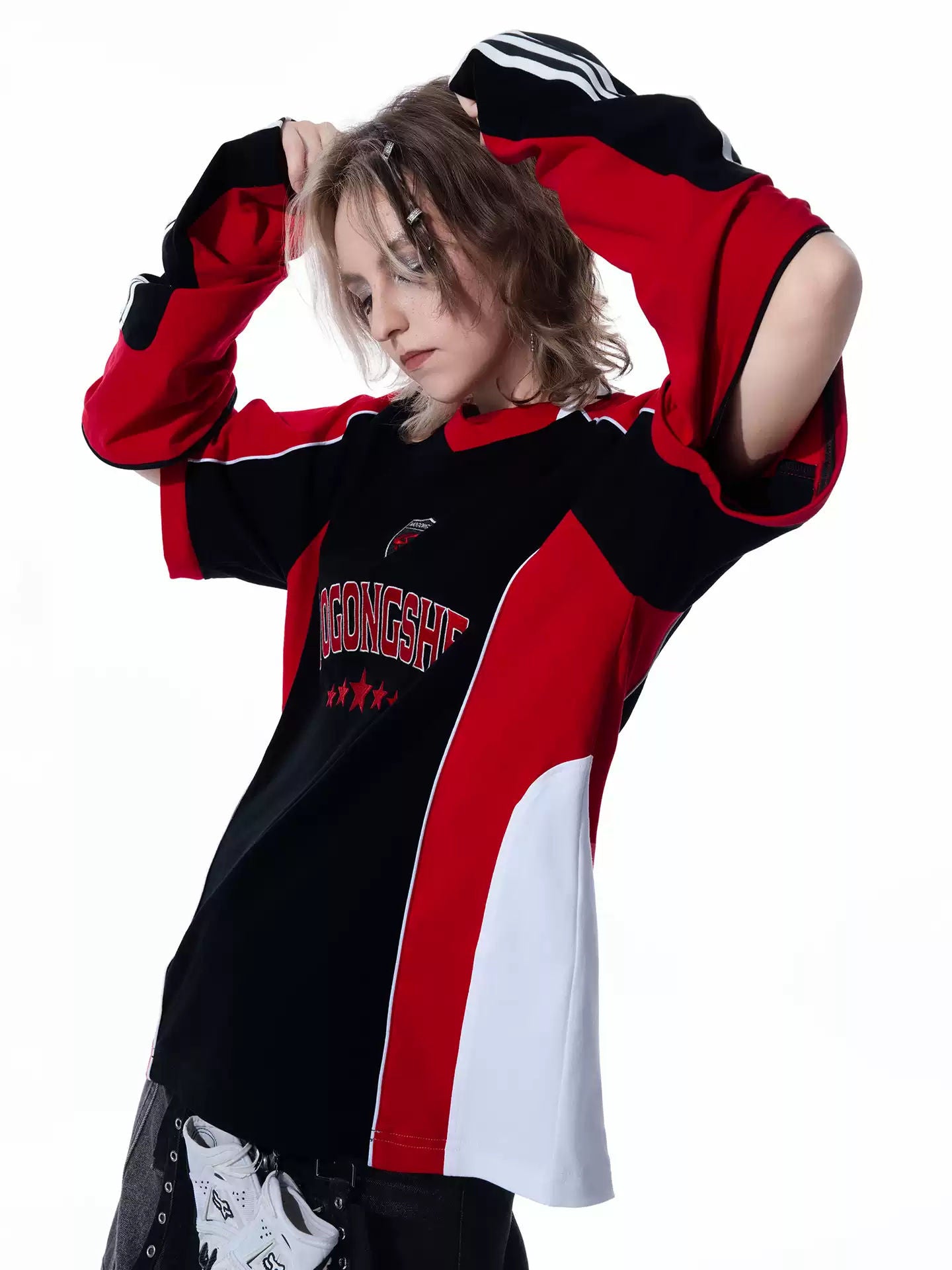 MOGONGSHE American Retro Heavy Washed Motorcycle Patchwork Embroidery Long Sleeve Detachable T-Shirt