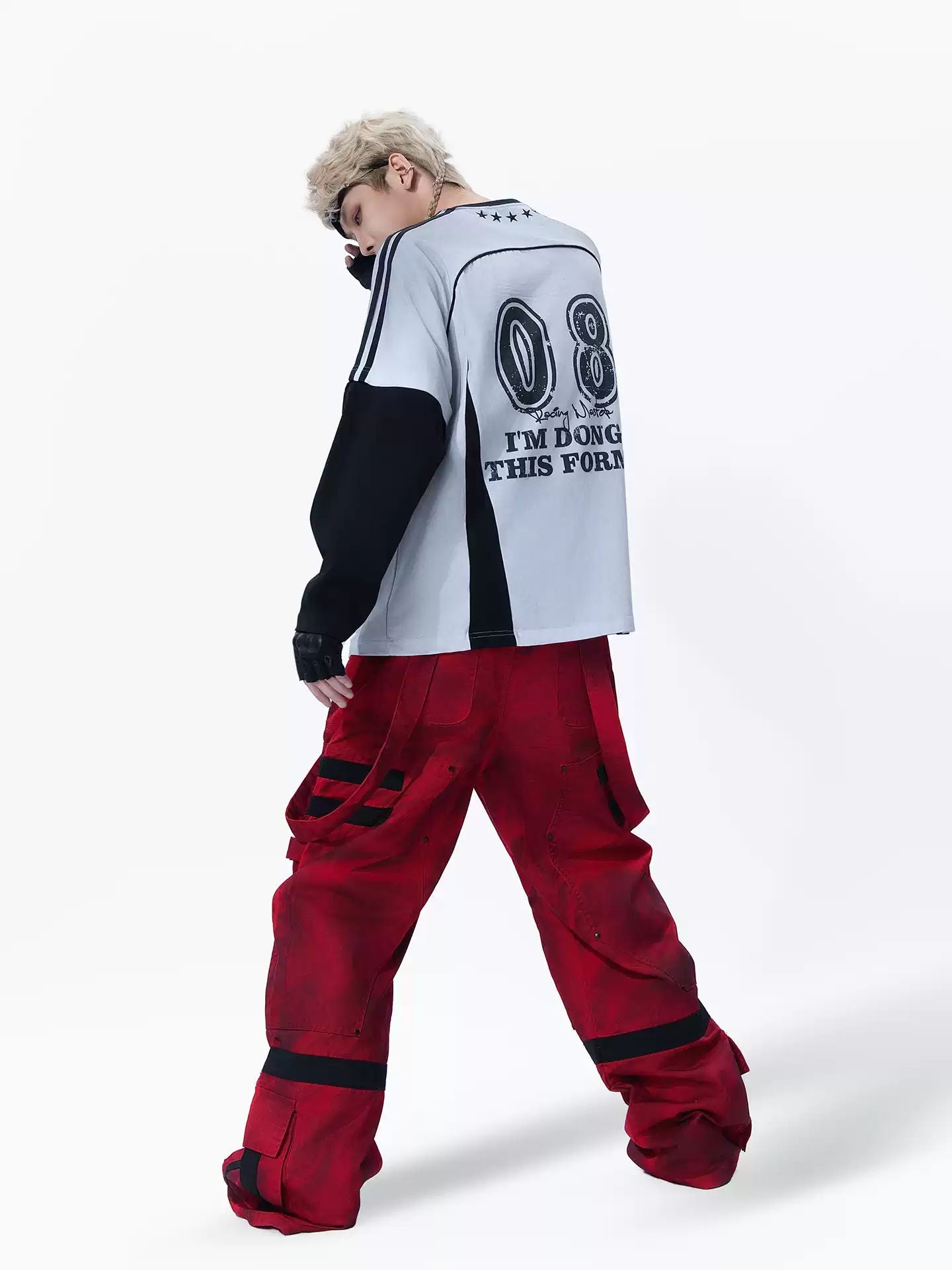 MOGONGSHE Dark Street Style Contrast Color Long Sleeve T-Shirt With Patchwork Distressed Print Logo