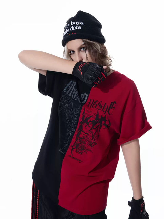 MOGONGSHE American Vintage Short-Sleeve T-Shirt Black Red Color Block