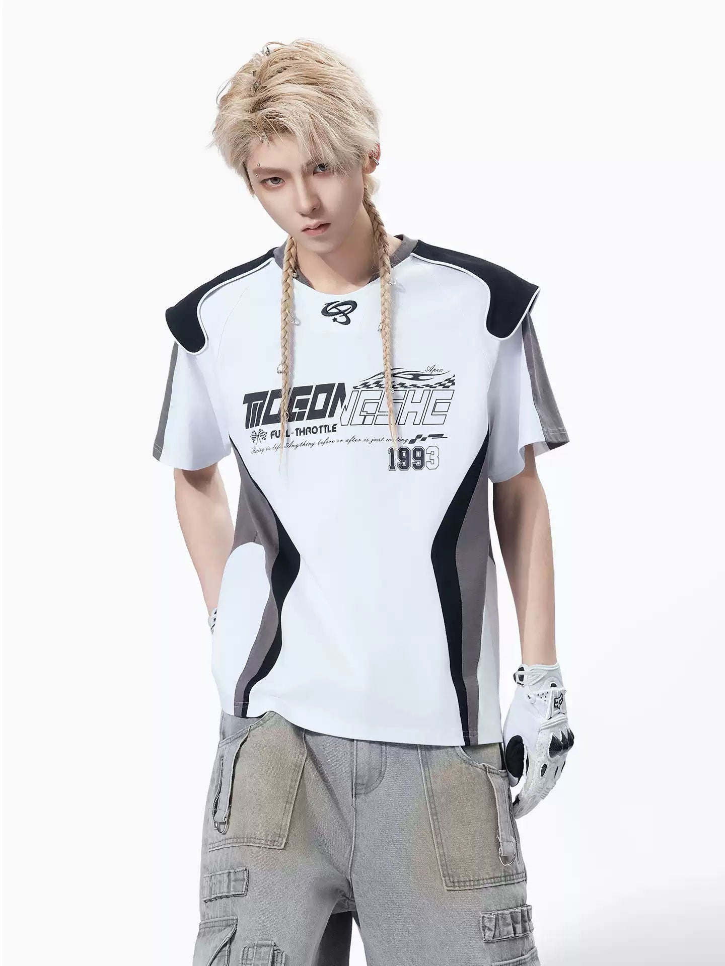 American Retro Racing Style Patchwork Short Sleeve T-Shirt With Shoulder Armor Contrast Color