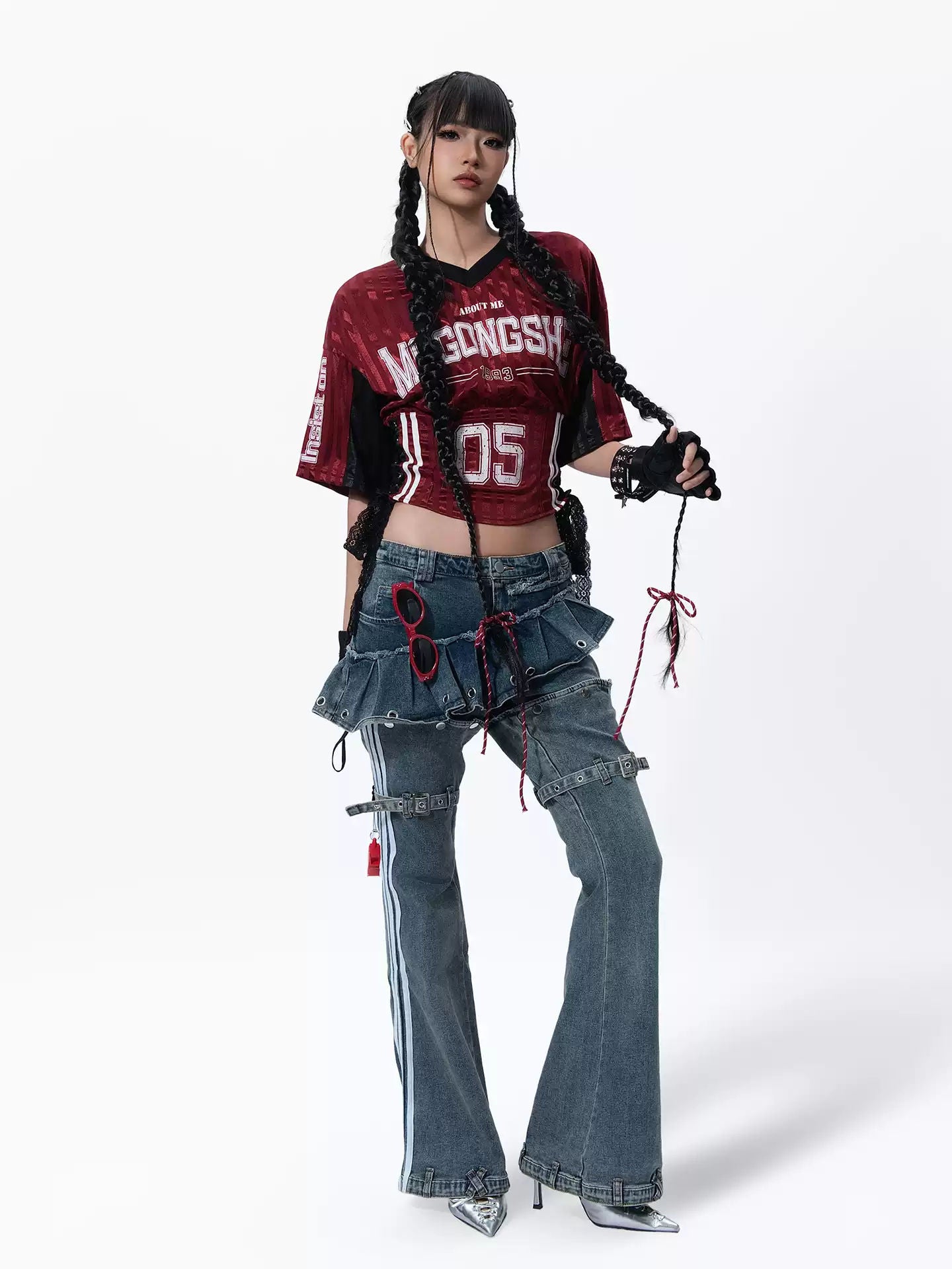 American Vintage Heavy Washed Detachable Denim Skirt Jumpsuit Low Rise Bell Bottom Skirt Jeans