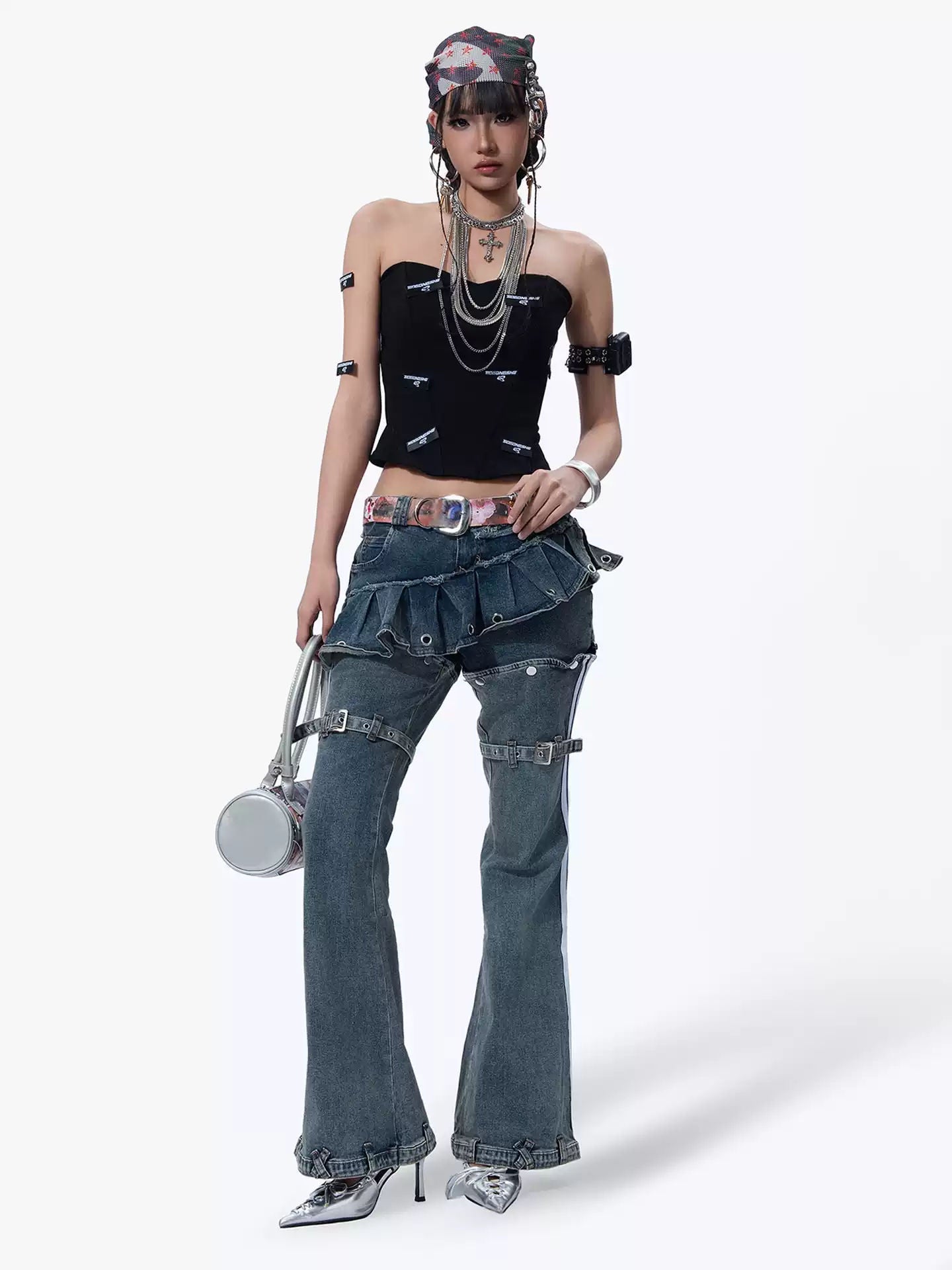 American Vintage Heavy Washed Detachable Denim Skirt Jumpsuit Low Rise Bell Bottom Skirt Jeans