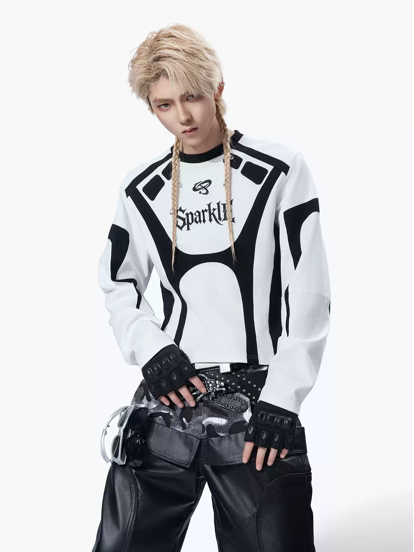 MOGONGSHE Racing Letter Patchwork Long Sleeve Shirt Vintage Motorcycle Style Slim Fit Crop Top