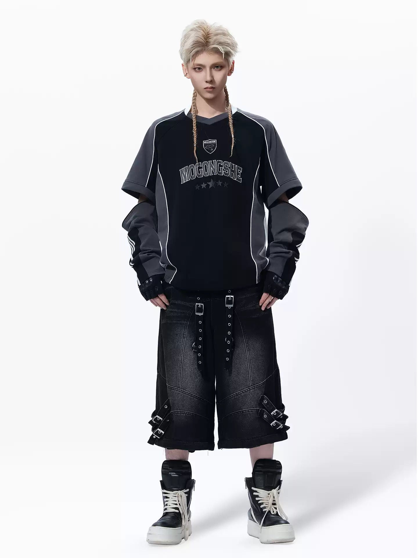 MOGONGSHE American Retro Heavy Washed Motorcycle Patchwork Embroidery Long Sleeve Detachable T-Shirt