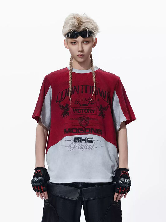 MOGONGSHE American Vintage Racing Element Short-Sleeve T-Shirt Black Red Color Block