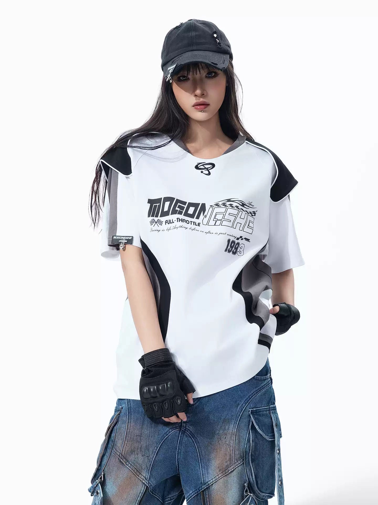 American Retro Racing Style Patchwork Short Sleeve T-Shirt With Shoulder Armor Contrast Color