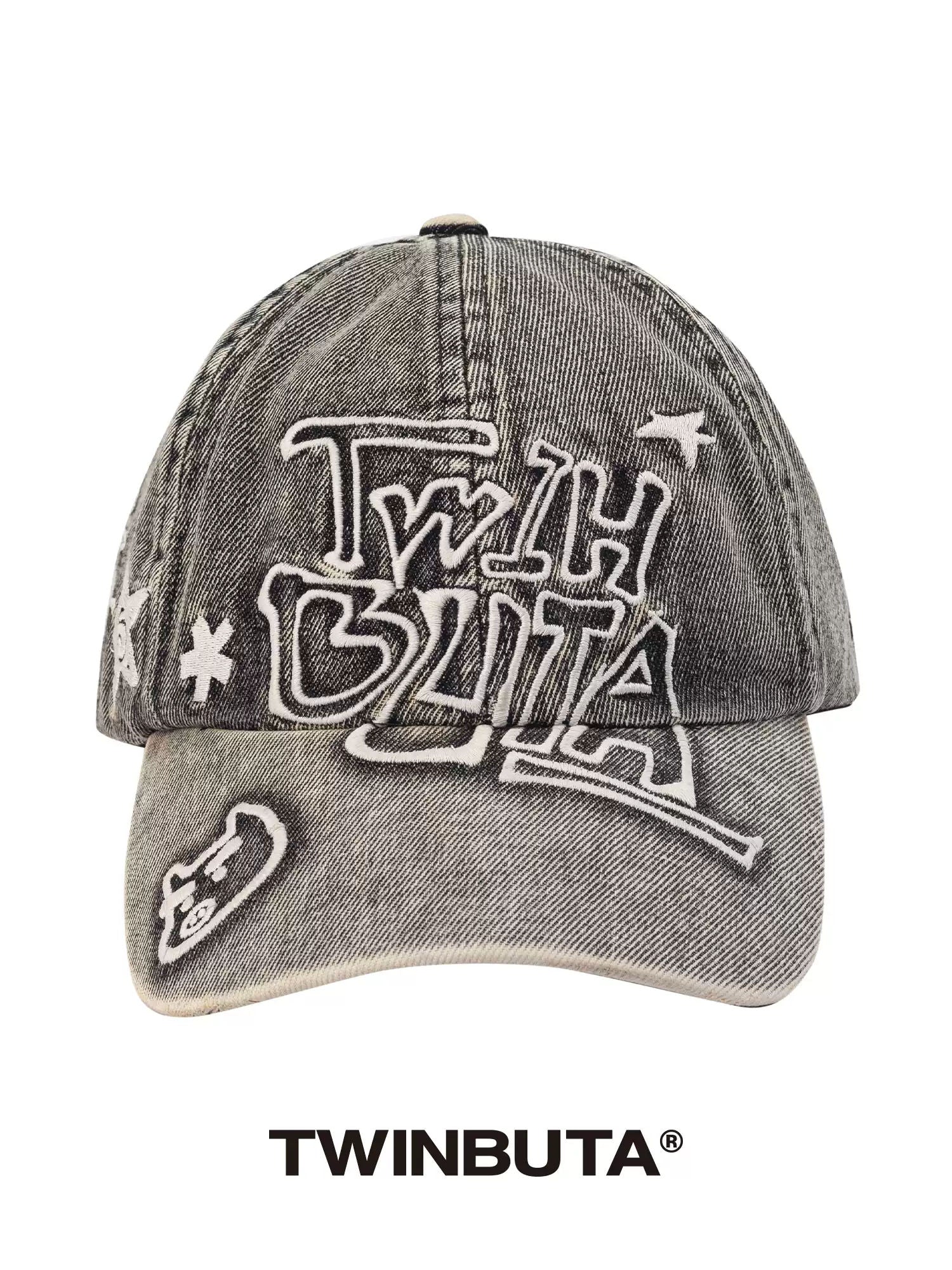 TWINBUTA Washed Gray Denim Embroidered Baseball Cap