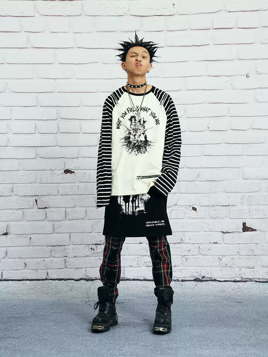 VENTUREK Punk Rock Zipper Casual Loose Striped Print Raglan Long Sleeve T-Shirt