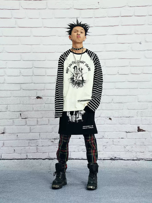 VENTUREK Punk Rock Zipper Casual Loose Striped Print Raglan Long Sleeve T-Shirt