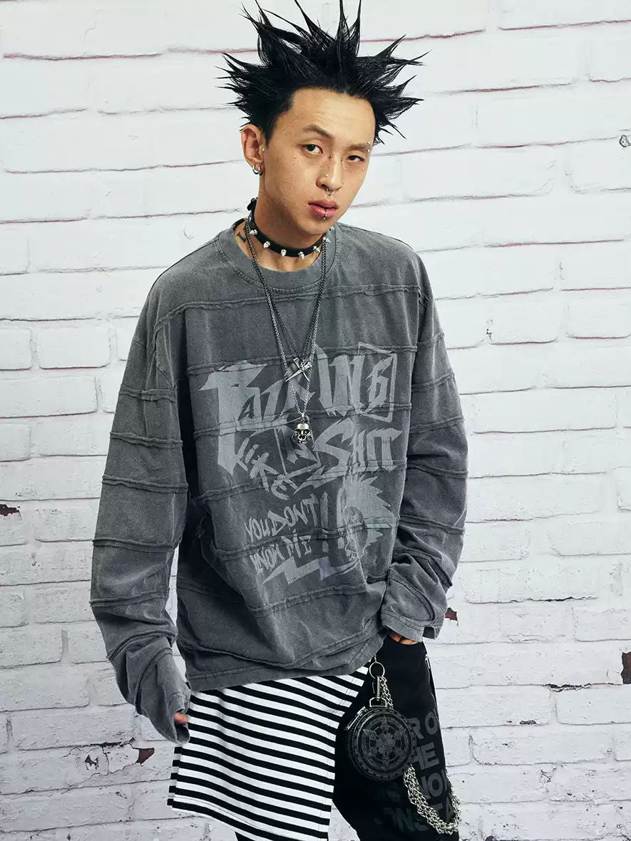 VENTUREK Vintage Deconstructed Punk Rock Washed Gray Patchwork Distressed Printed Long Sleeve T-Shirt