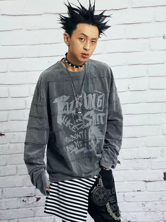 VENTUREK Vintage Deconstructed Punk Rock Washed Gray Patchwork Distressed Printed Long Sleeve T-Shirt
