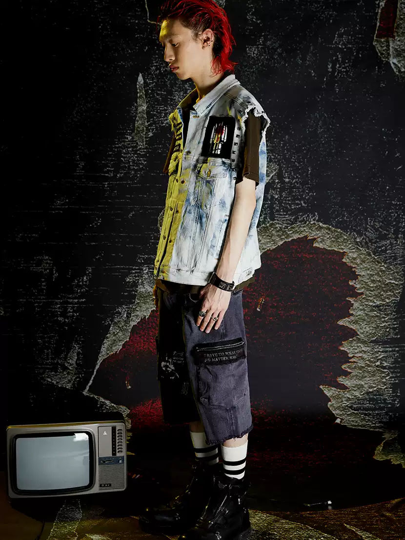 Venturek Vintage Washed Distressed Frayed Denim Shorts Men's Loose Five-Pocket Casual Summer