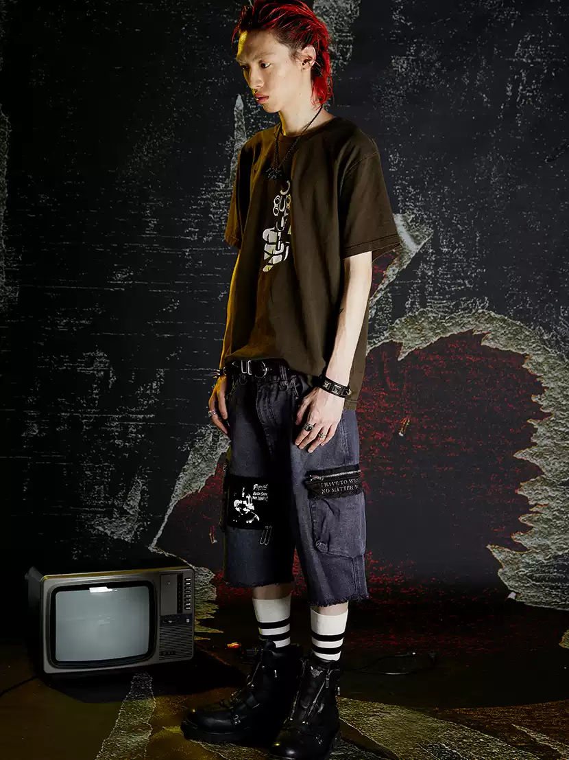VENTUREK Crack Print Punk Washed Short Sleeve T-Shirt Men's Summer Streetwear