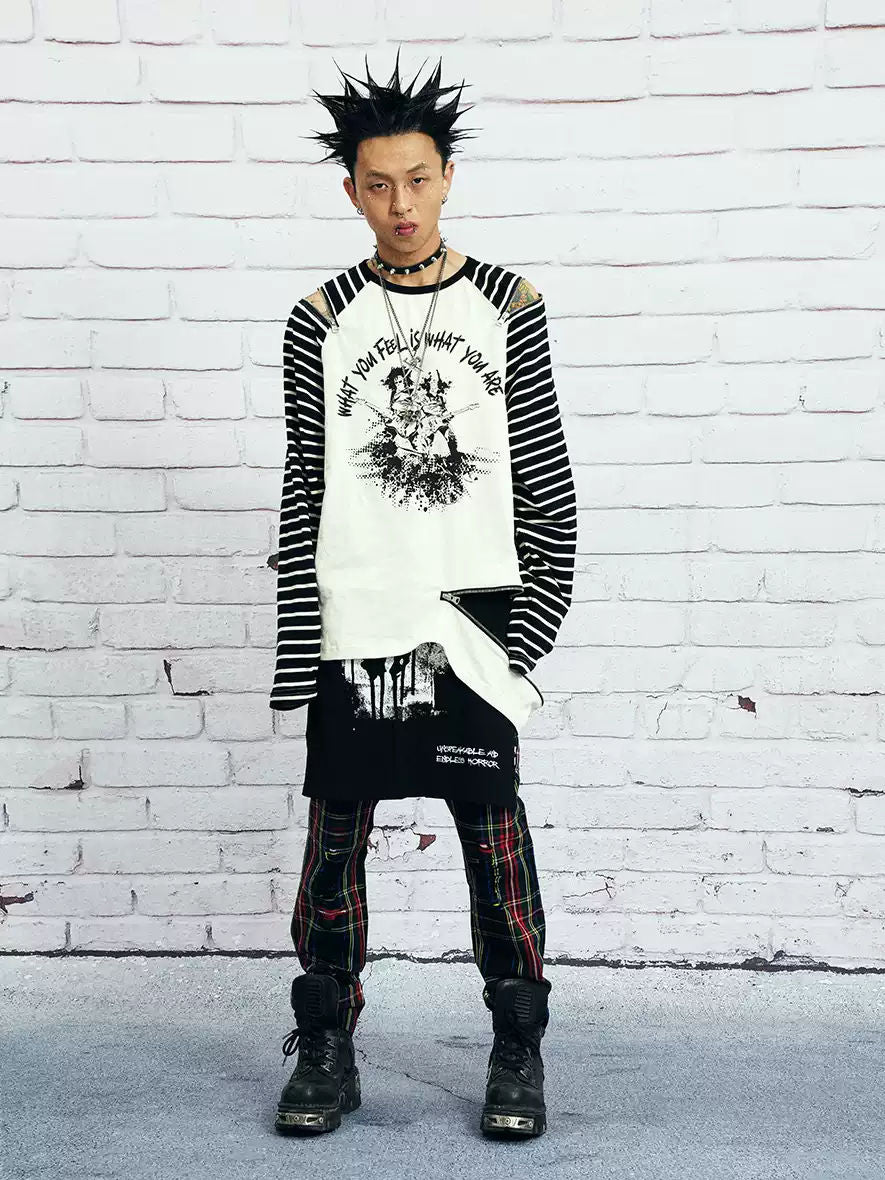 VENTUREK Punk Rock Zipper Casual Loose Striped Print Raglan Long Sleeve T-Shirt