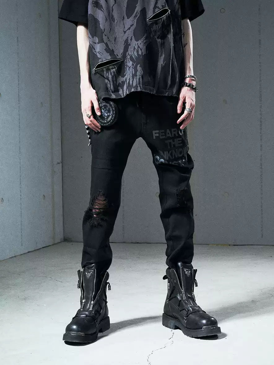 VENTUREK Punk Rock Destroyed Zip Design Casual Slim Fit Washed Black Pants