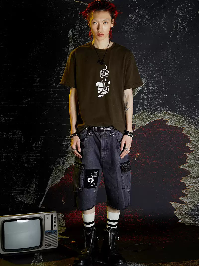 VENTUREK Crack Print Punk Washed Short Sleeve T-Shirt Men's Summer Streetwear