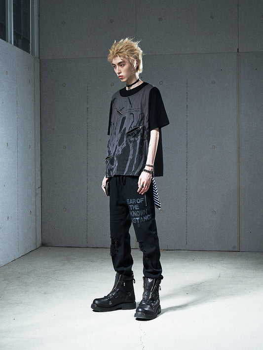 Venturek Punk Rock Destroyed Zipper Casual Loose Print Black Gray Fake Two-Piece Short Sleeve T-Shirt