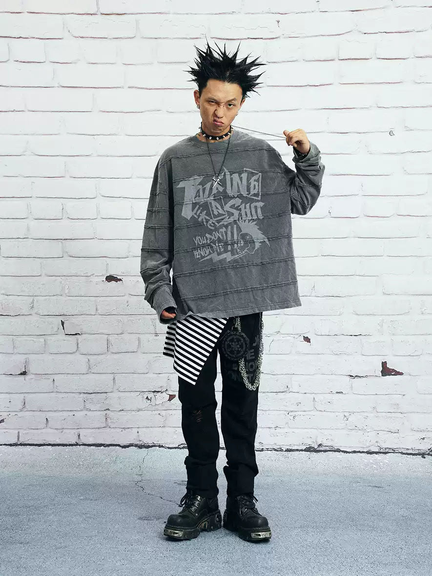 VENTUREK Vintage Deconstructed Punk Rock Washed Gray Patchwork Distressed Printed Long Sleeve T-Shirt