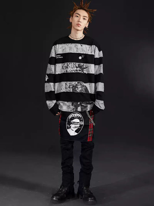 VENTUREK Deconstructed Punk Rock Patchwork Embroidery Long Sleeve T-Shirt Men's Streetwear