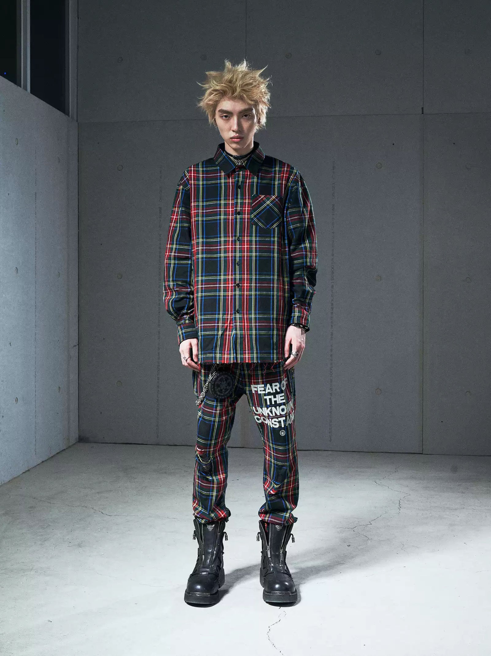 VENTUREK Punk Rock Washed Patchwork Print Long Plaid Shirt Casual Loose