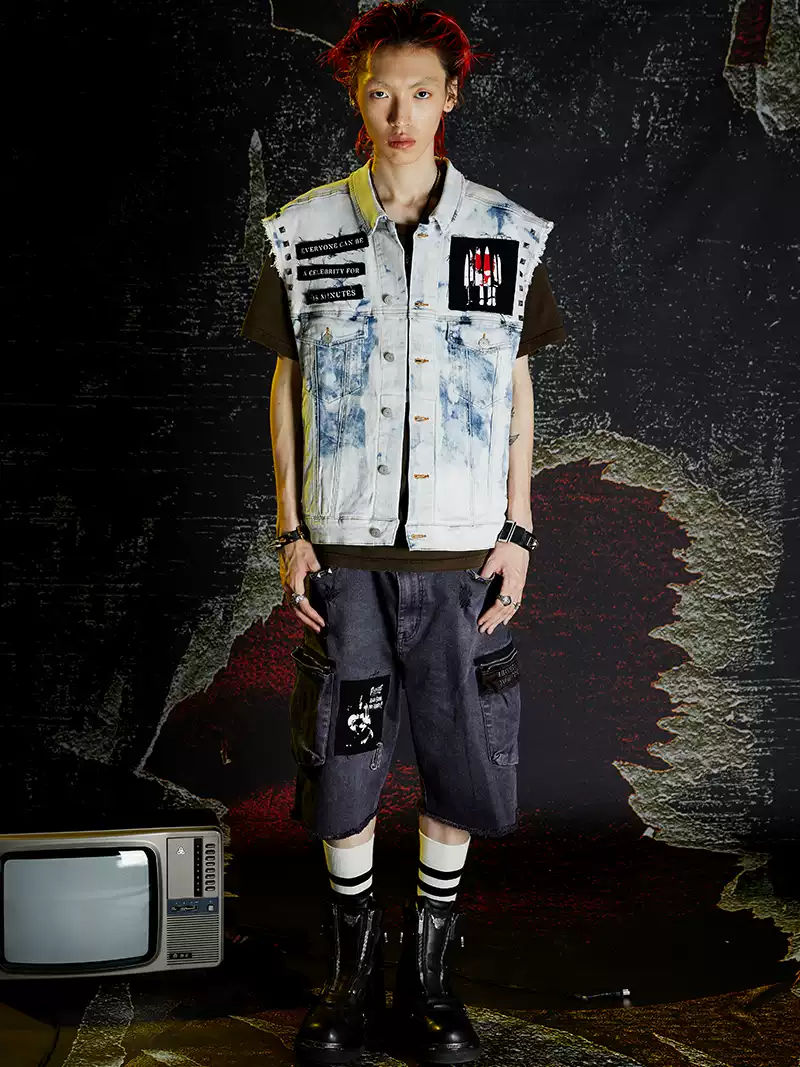 Venturek Vintage Washed Distressed Frayed Denim Shorts Men's Loose Five-Pocket Casual Summer