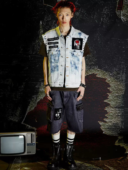Venturek Vintage Washed Distressed Frayed Denim Shorts Men's Loose Five-Pocket Casual Summer