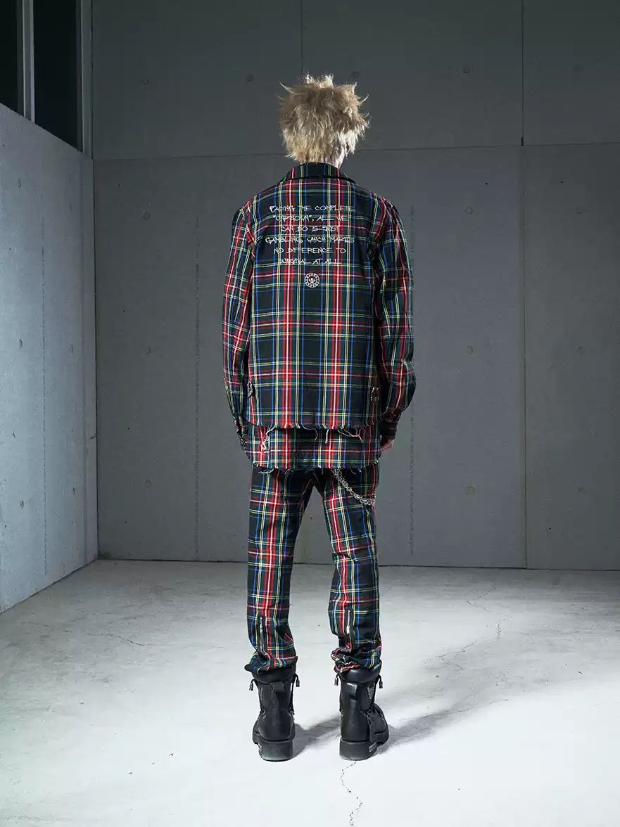 VENTUREK Punk Rock Distressed Fringe Plaid Lapel Jacket