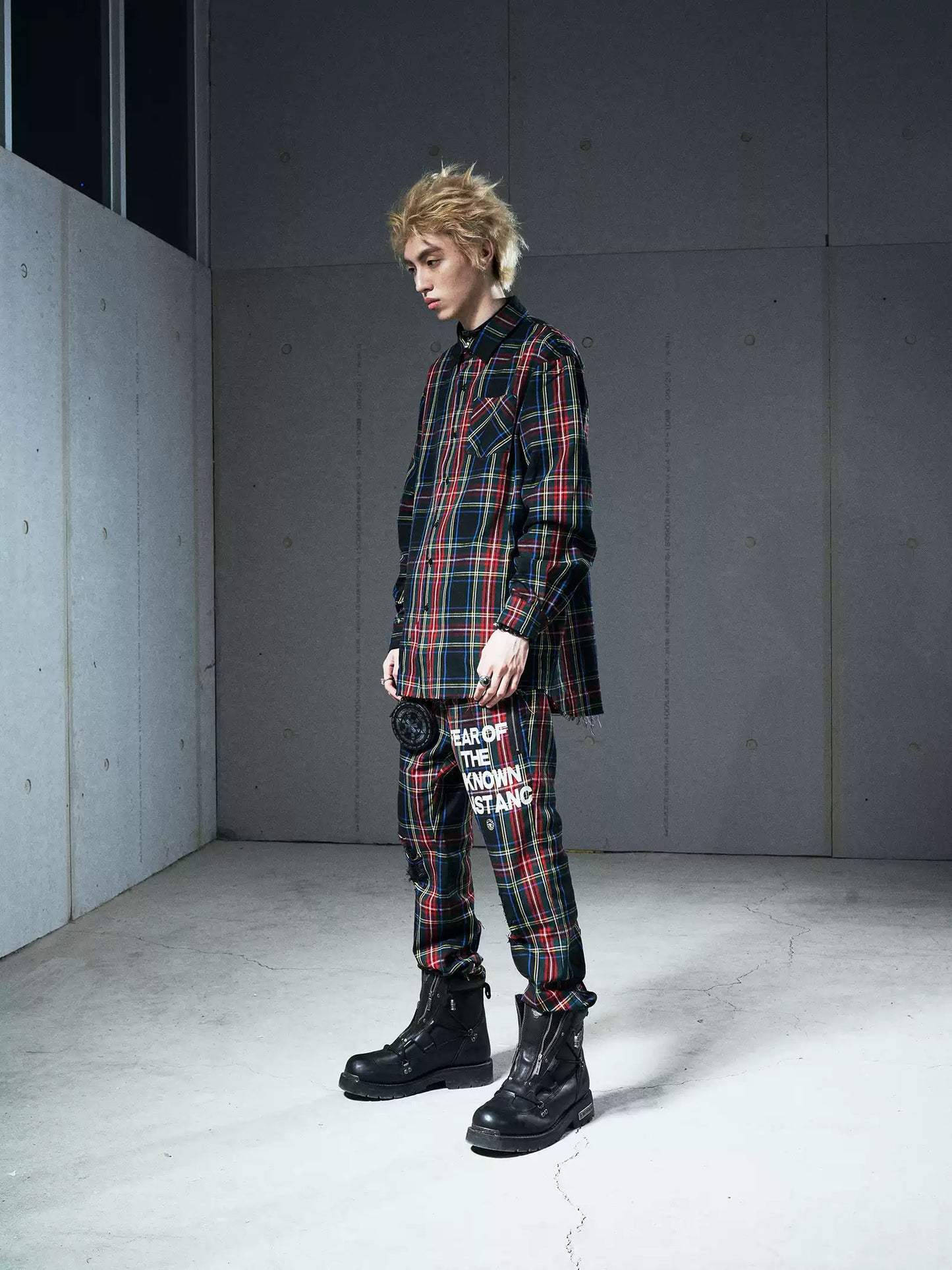 VENTUREK Punk Rock Washed Patchwork Print Long Plaid Shirt Casual Loose