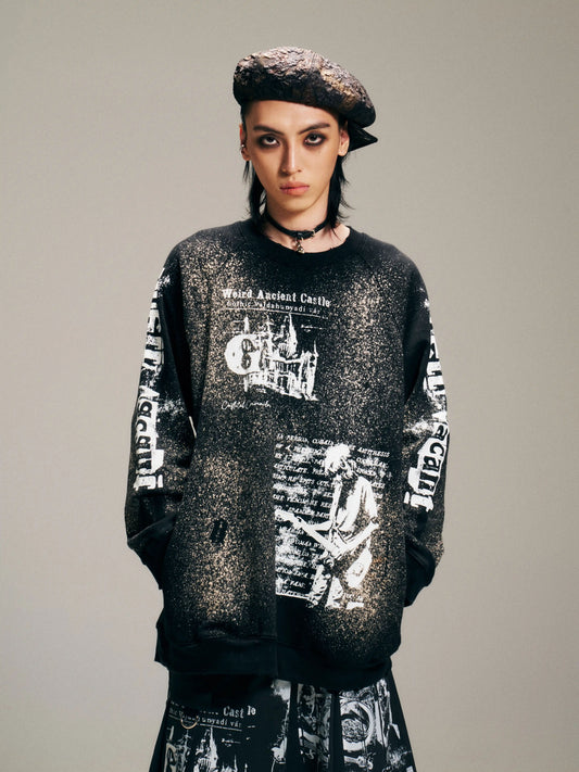 VENTUREK Punk Rock Spray Paint Graffiti Letter Print Pullover Hoodie