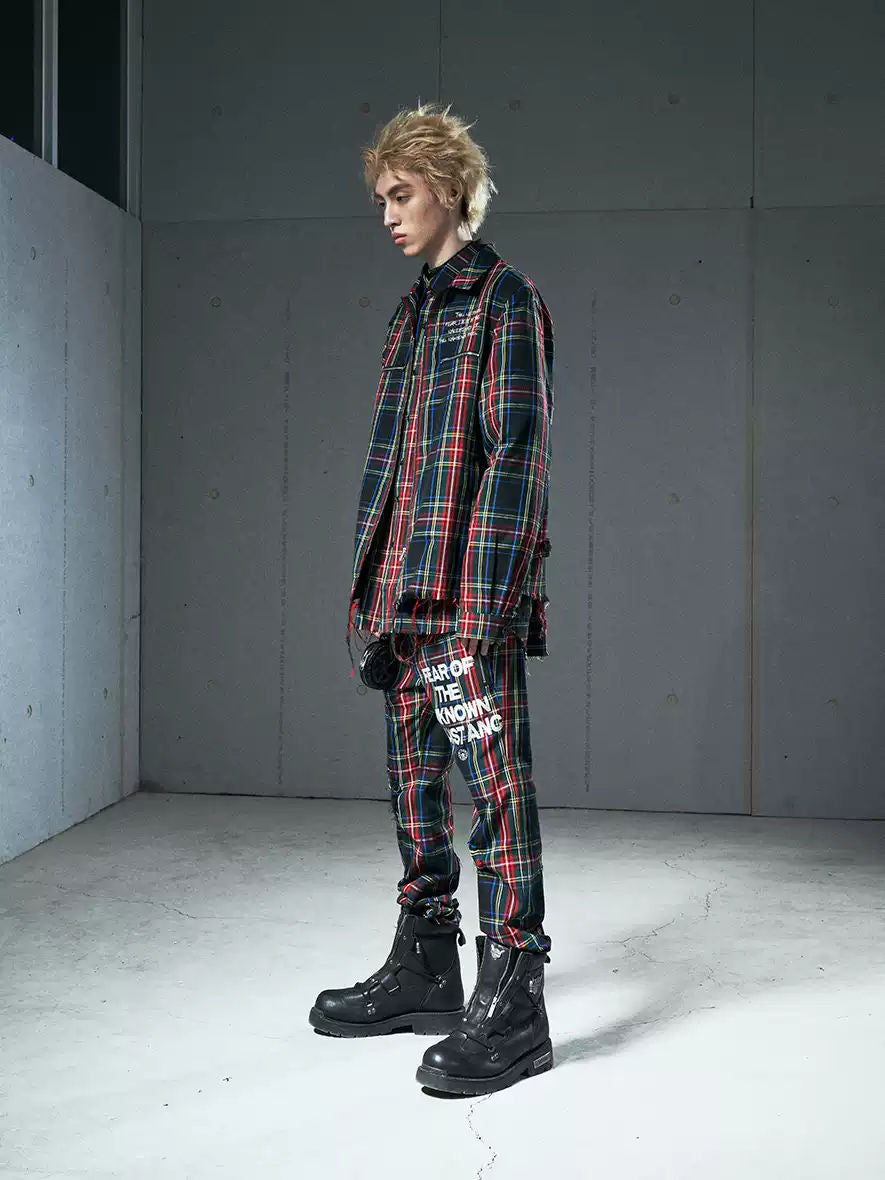 VENTUREK Punk Rock Distressed Fringe Plaid Lapel Jacket