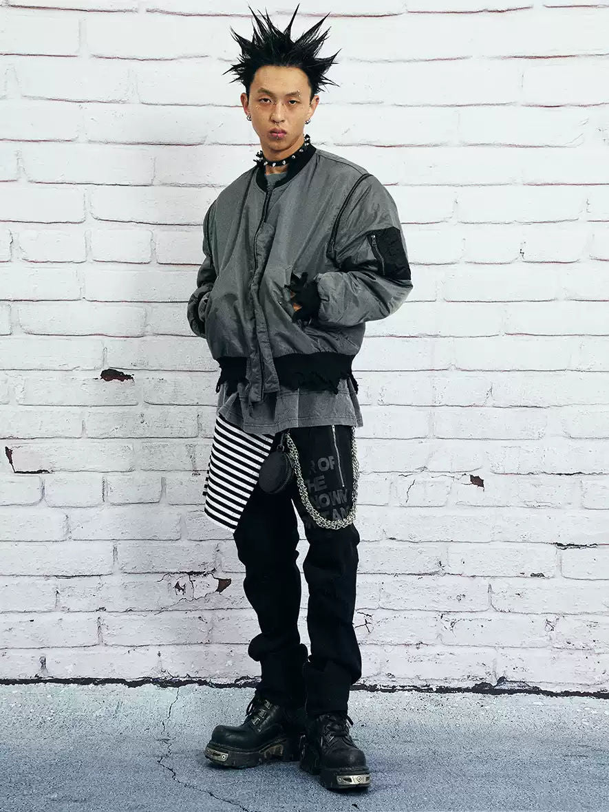 VENTUREK Vintage Punk Zipper Distressed Quilted Bomber Jacket Men's Loose Fit Winter MA1