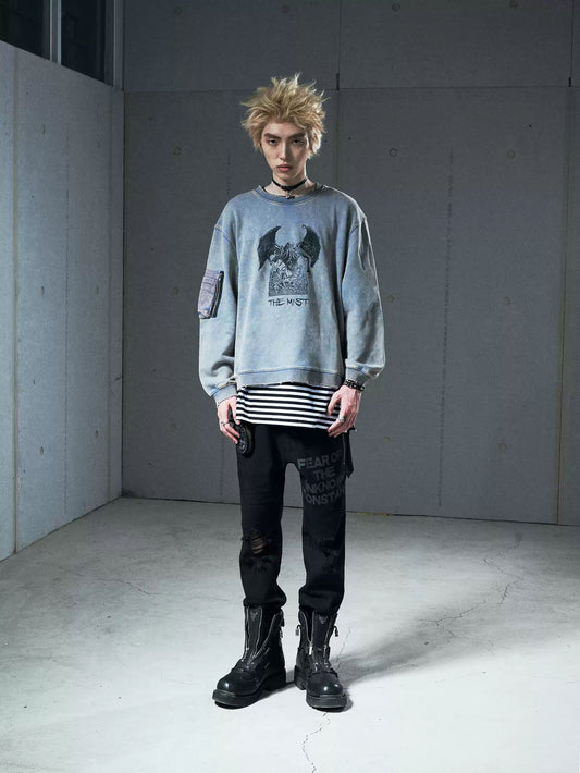 VENTUREK Punk Rock Hip Hop Destroyed Relaxed Casual Print Washed Crew Neck Pullover Hoodie